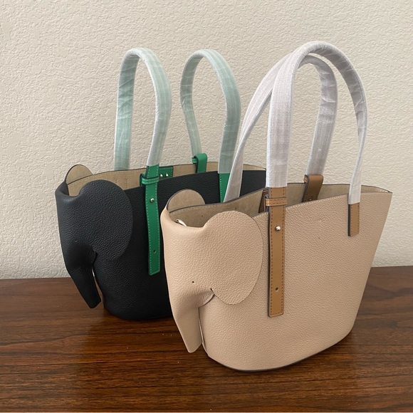 Cute Black Green Elephant Colorblock Basket Tote w/ Crossbody Strap Contrast S14 - Picture 14 of 16